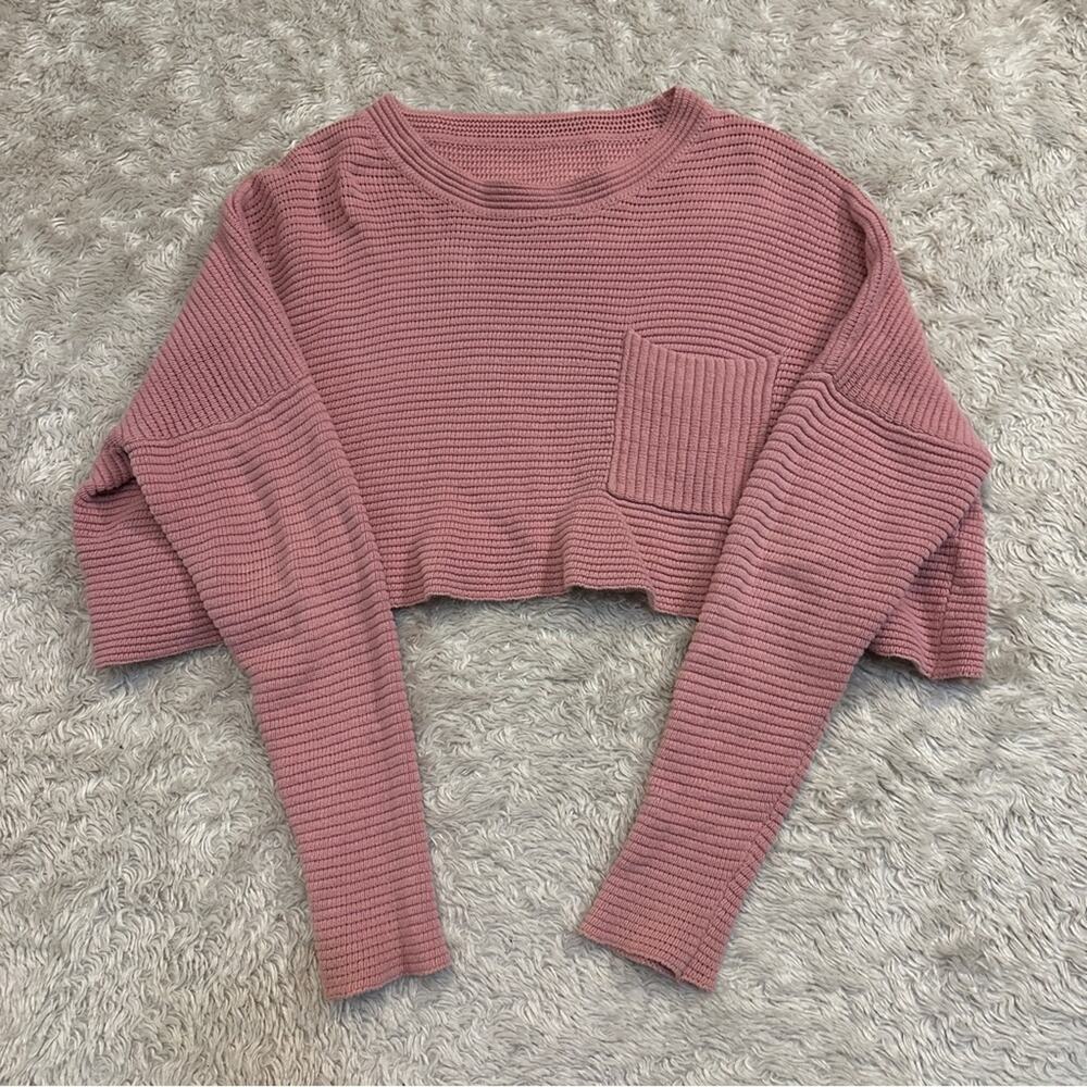 Cute Slouchy Pink Ribbed Knit Cropped Sweater